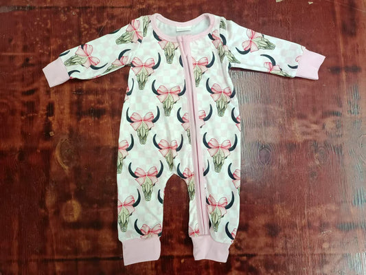 Preorder(moq 5)Baby Infant Girls Pink Bows Western Cow Bow Zip Sleepers Rompers