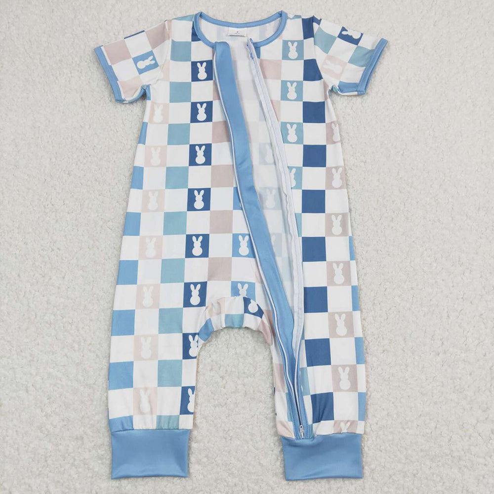 Baby Infant Kids Blue Checkered Rabbits Zip Rompers