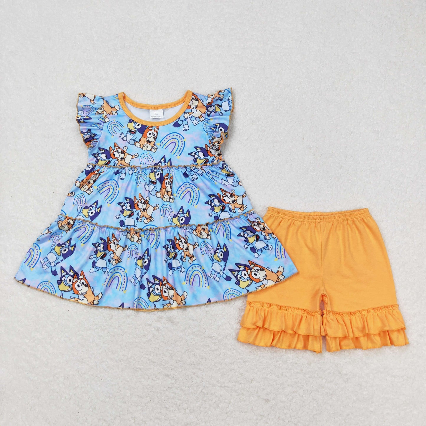 Baby Girls Dog Rainbow Flutter Sleeve Top Ruffle Shorts Clothes Sets