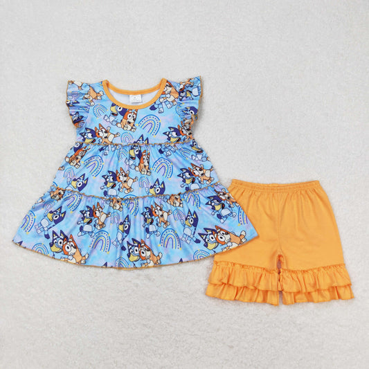 Baby Girls Dog Rainbow Flutter Sleeve Top Ruffle Shorts Clothes Sets