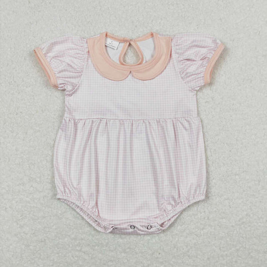 Baby Infant Girls Light Pink Checkered Short Sleeve Rompers