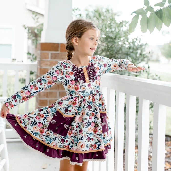 Baby Girls Maroon Flowers Boutique Pockets Ruffle Long Sleeve Dresses preorder(moq 5)