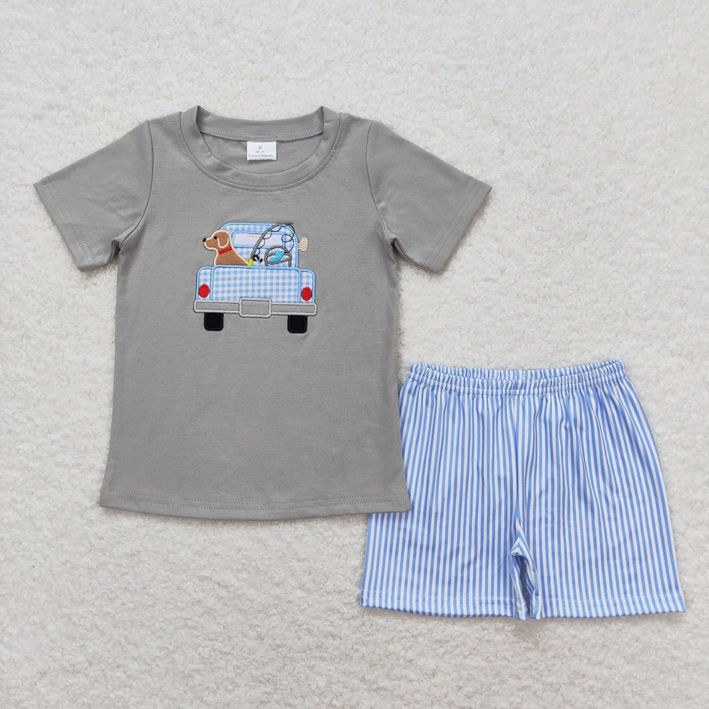 Baby Boys Grey Dog Fishing Shirt Shorts Outfits Clothes Sets