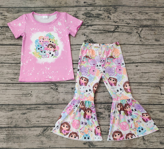 Baby Girls Pink Animal Cat Flowers Shirts Top Bell Pants Clothes Sets