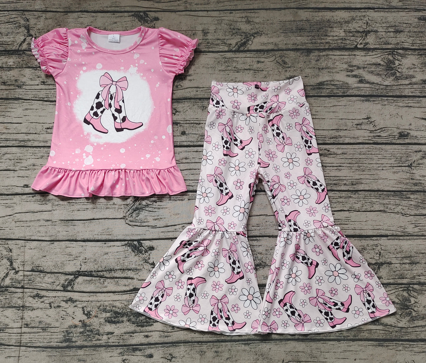 Baby Girls Pink Flowers Boots Shirt Top Bell Pants Clothes Sets