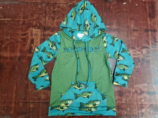 Preorder (moq 5)Baby Boys Green Fishing Hooded Daddy's Boy Tops