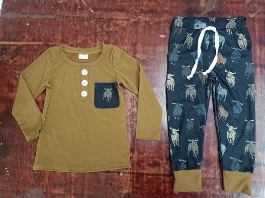 Preorder (moq 5)Baby Boys Cow Pocket Top Western Pants Clothes Sets