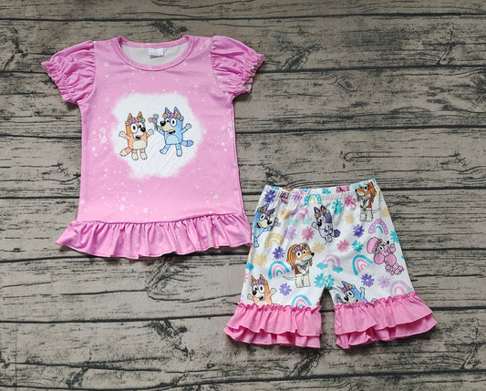 Baby Girls Pink Dogs Flowers Shirt Top Ruffle Shorts Clothes Sets