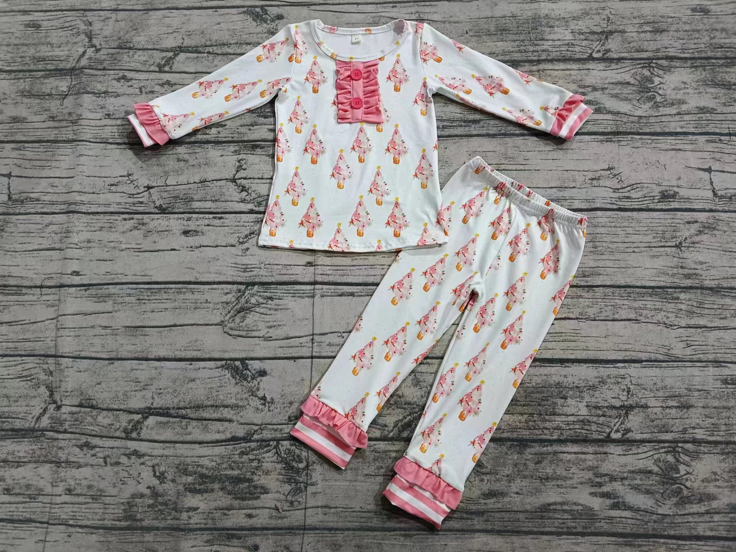 Preorder (moq 5)Baby Girls Christmas Pink Trees Top Pants Pajamas Clothes Sets
