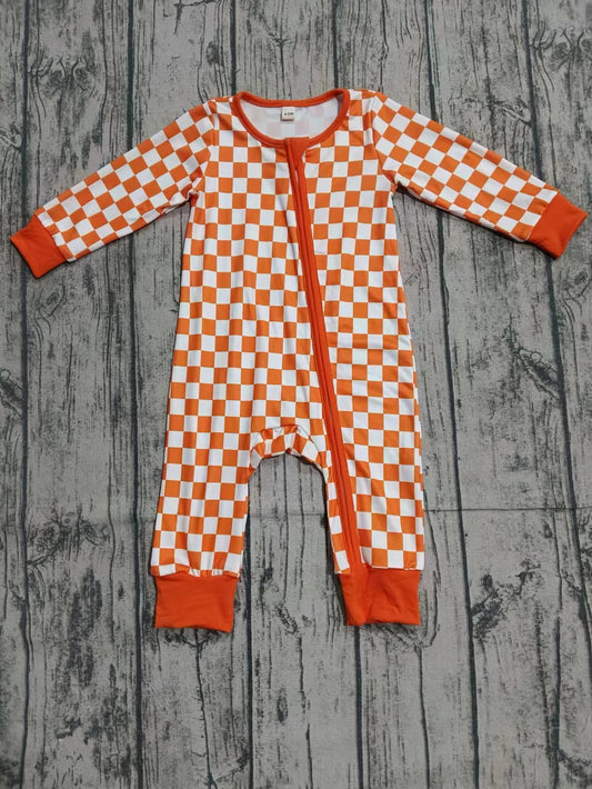 Preorder(moq 5)Baby Infant Girls Orange Checkered Zip Sleepers Rompers