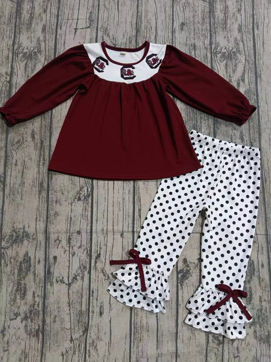 Preorder (moq 5)Baby Girls Red Bird Team Tunic Top Ruffle Pants Clothes Sets