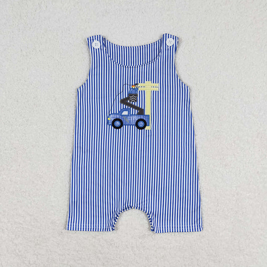 Baby Infant Boys Line Man Truck Blue Stripes Sleeveless Rompers