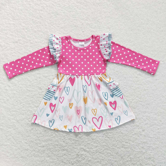 Baby Girls Valentines Pink Dots Long Sleeve Hearts Knee Length Dresses