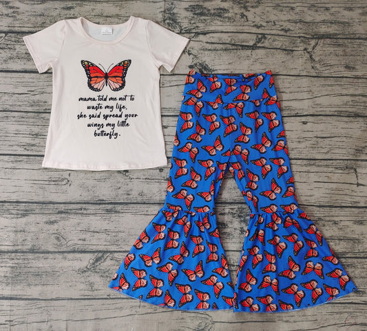 Baby Girls Butterfly Top Bell Bottom Pants Boutique Clothes Sets