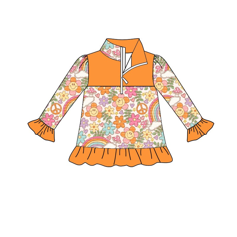 Baby Girls Orange Flowers Ruffle Pullover Tops Preorder(moq 5)