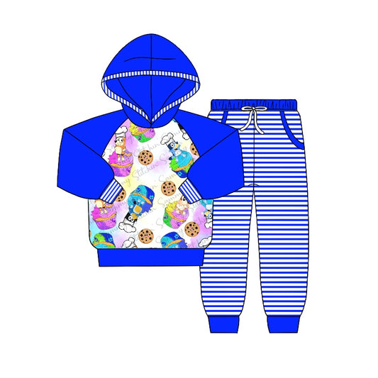 Baby Boys Long Sleeve Hooded Dog Shirt Blue Stripes Pants Clothing Sets Preorder(moq 5)