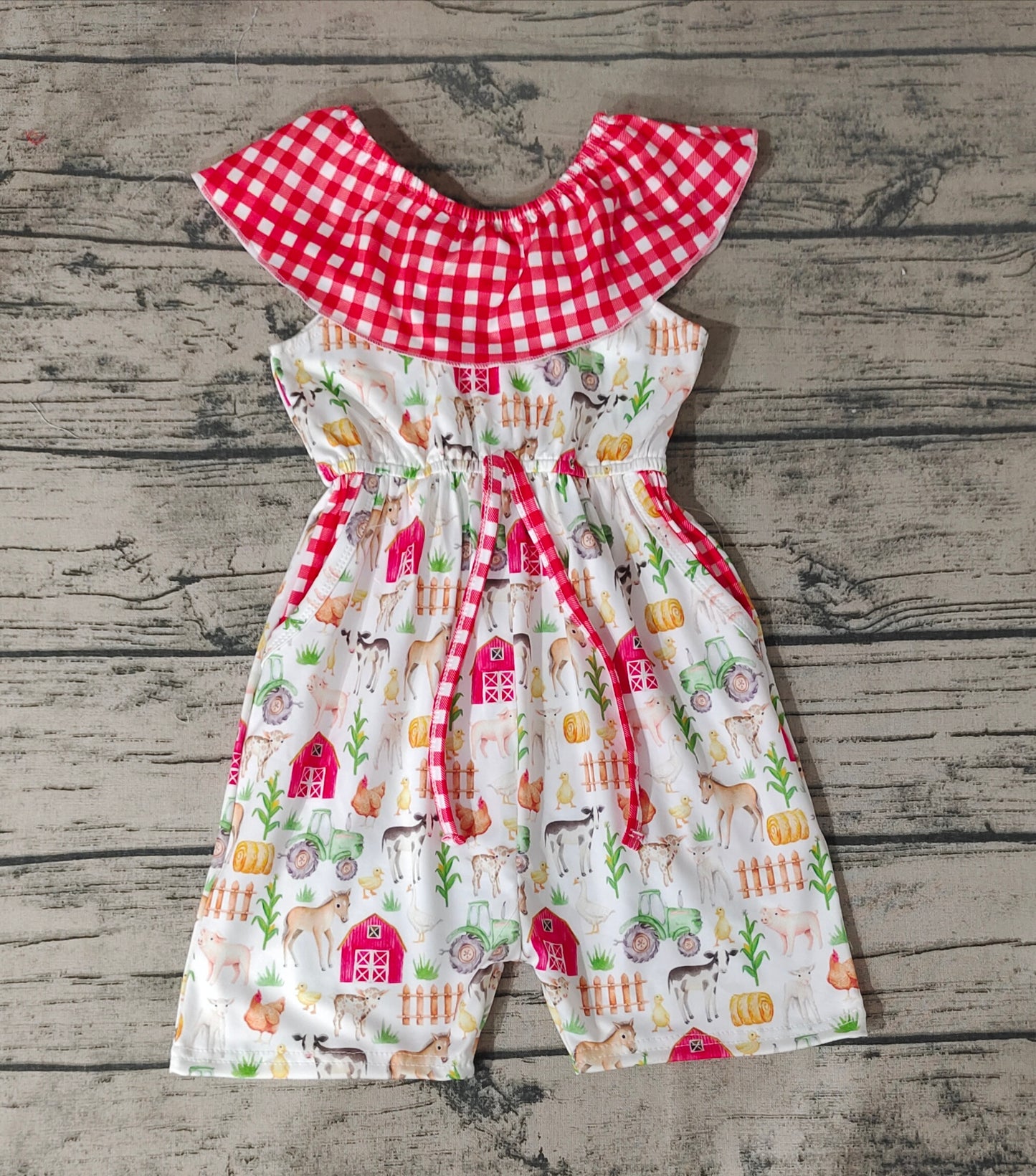 Baby Girls Red Farm Checkered Summer Pockets Shorts Jumpsuits