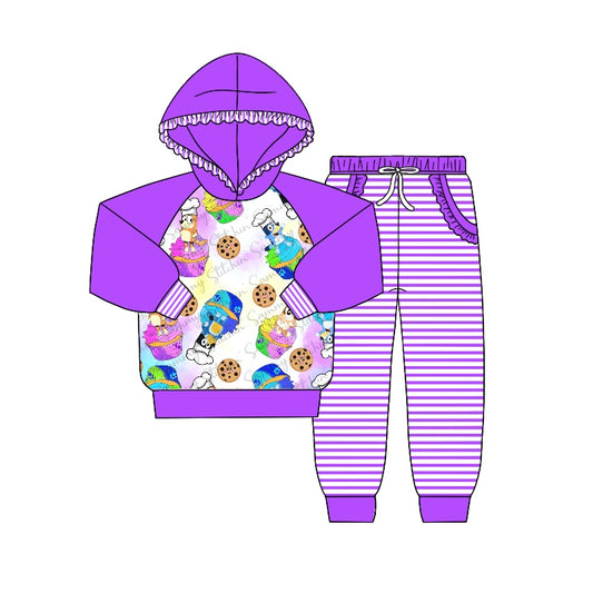 Baby Girls Long Sleeve Hooded Dog Shirt Purple Stripes Pants Clothing Sets Preorder(moq 5)