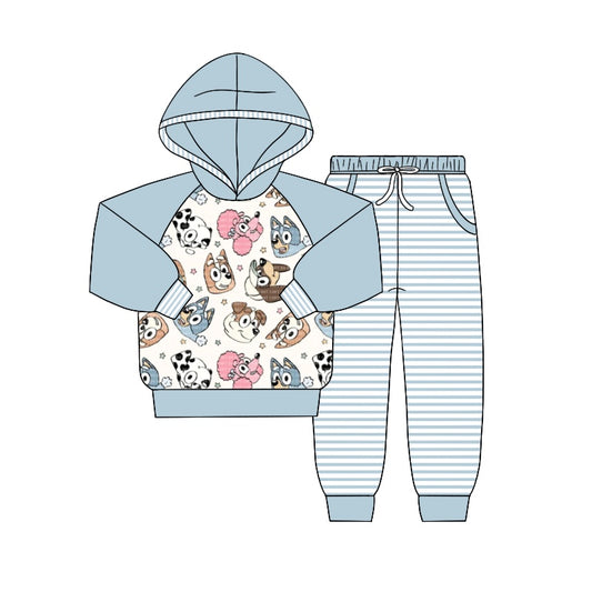 Baby Boys Long Sleeve Hooded Dog Shirt Stripes Pants Clothing Sets Preorder(moq 5)