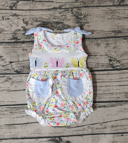 Baby Infant Girls Butterfly Straps Pockets Floral Rompers