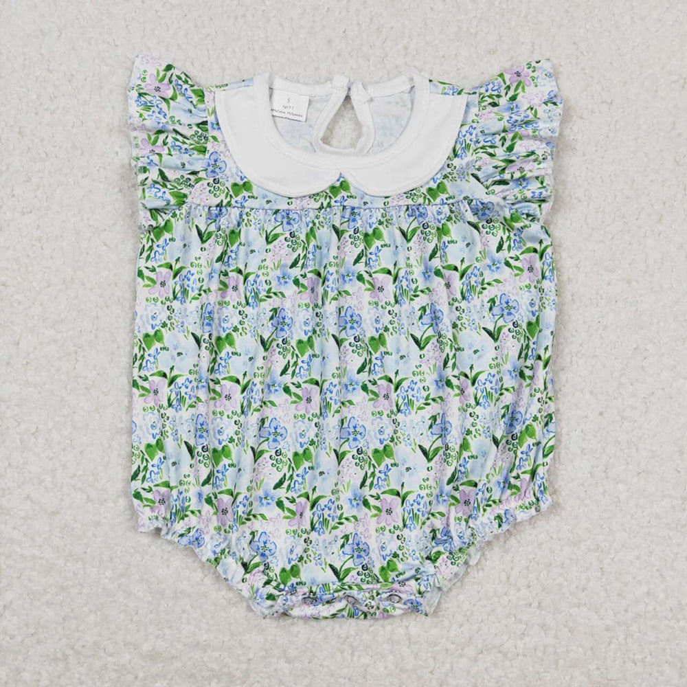 Baby Girls Flutter Sleeve Blue Flowers Rompers