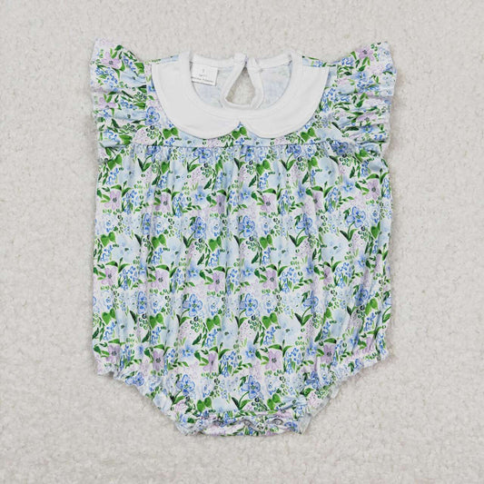Baby Girls Flutter Sleeve Blue Flowers Rompers
