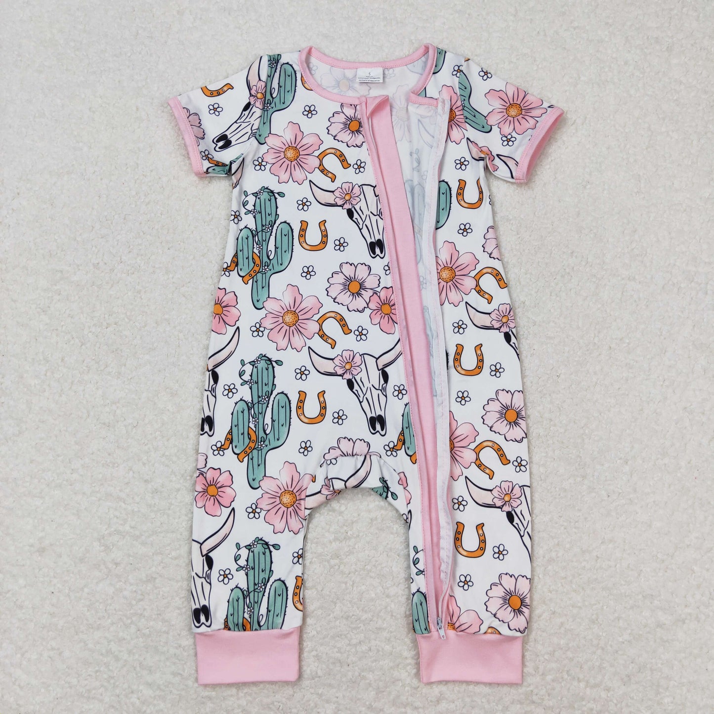 Baby Infant Girls Cow Western Cactus Flowers Zip Rompers