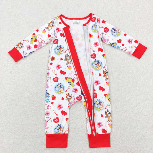Baby Girls Valentines Red Dogs Long Sleeve Zip Rompers