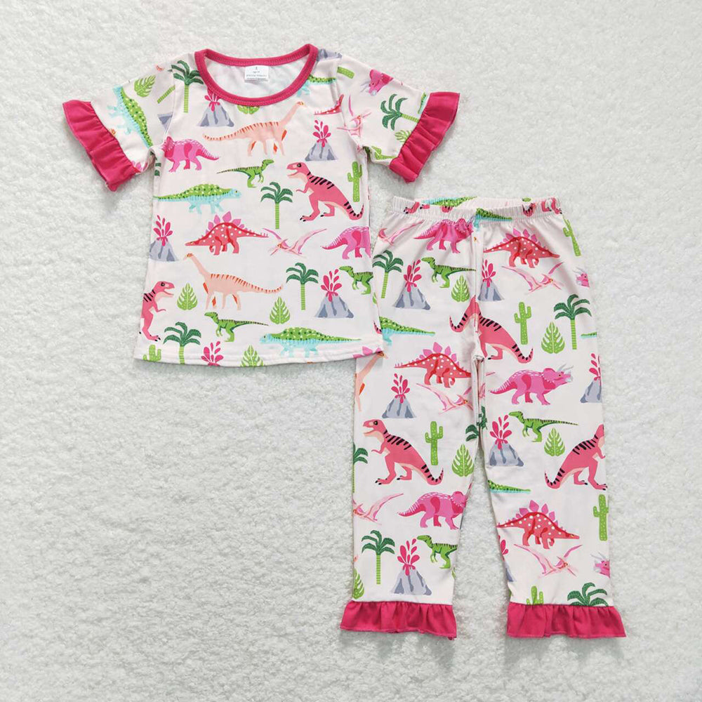 Baby Girls Short Sleeve Dinosaur Tee Top Pants Pajamas Clothes Sets