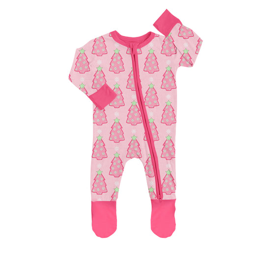 Christmas Pink Tree Baby Girls Long Sleeve Zip Footie Rompers preorder(moq 5)