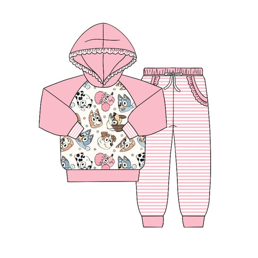 Baby Girls Long Sleeve Pink Hooded Dog Shirt Pants Clothing Sets Preorder(moq 5)
