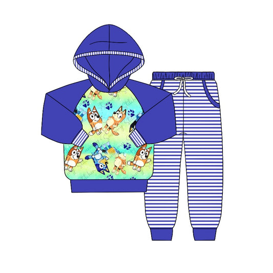 Baby Boys Long Sleeve Blue Hooded Dog Shirt Pants Clothing Sets Preorder(moq 5)