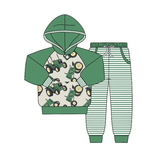 Baby Boys Long Sleeve Green Tractor Hooded Shirt Pants Clothing Sets Preorder(moq 5)