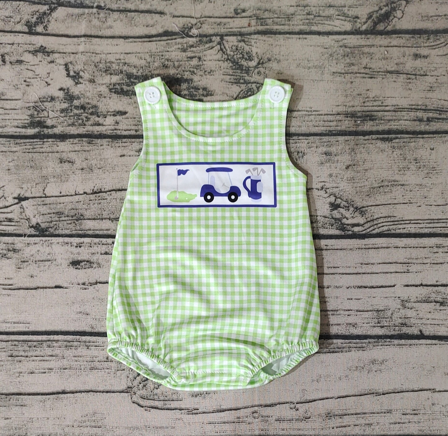 Baby Infant Boys Golf Hole In One Green Checkered Sleeveless Rompers