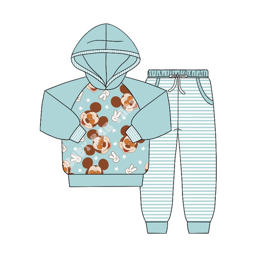 Baby Boys Long Sleeve Hooded Mouse Shirt Blue Stripes Pants Clothing Sets Preorder(moq 5)