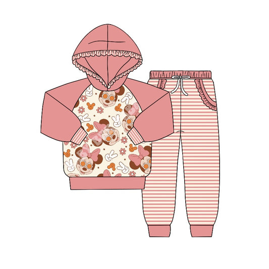 Baby Girls Long Sleeve Hooded Mouse Shirt Pink Stripes Pants Clothing Sets Preorder(moq 5)
