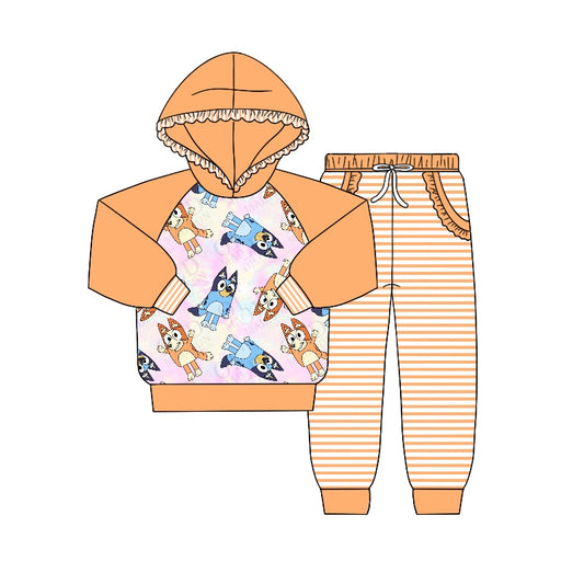 Baby Girls Long Sleeve Hooded Dog Shirt Orange Stripes Pants Clothing Sets Preorder(moq 5)