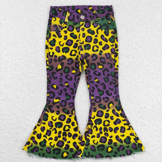 Baby Girls Mardi Gras Colorful Leopard Bell Denim Pants Jeans