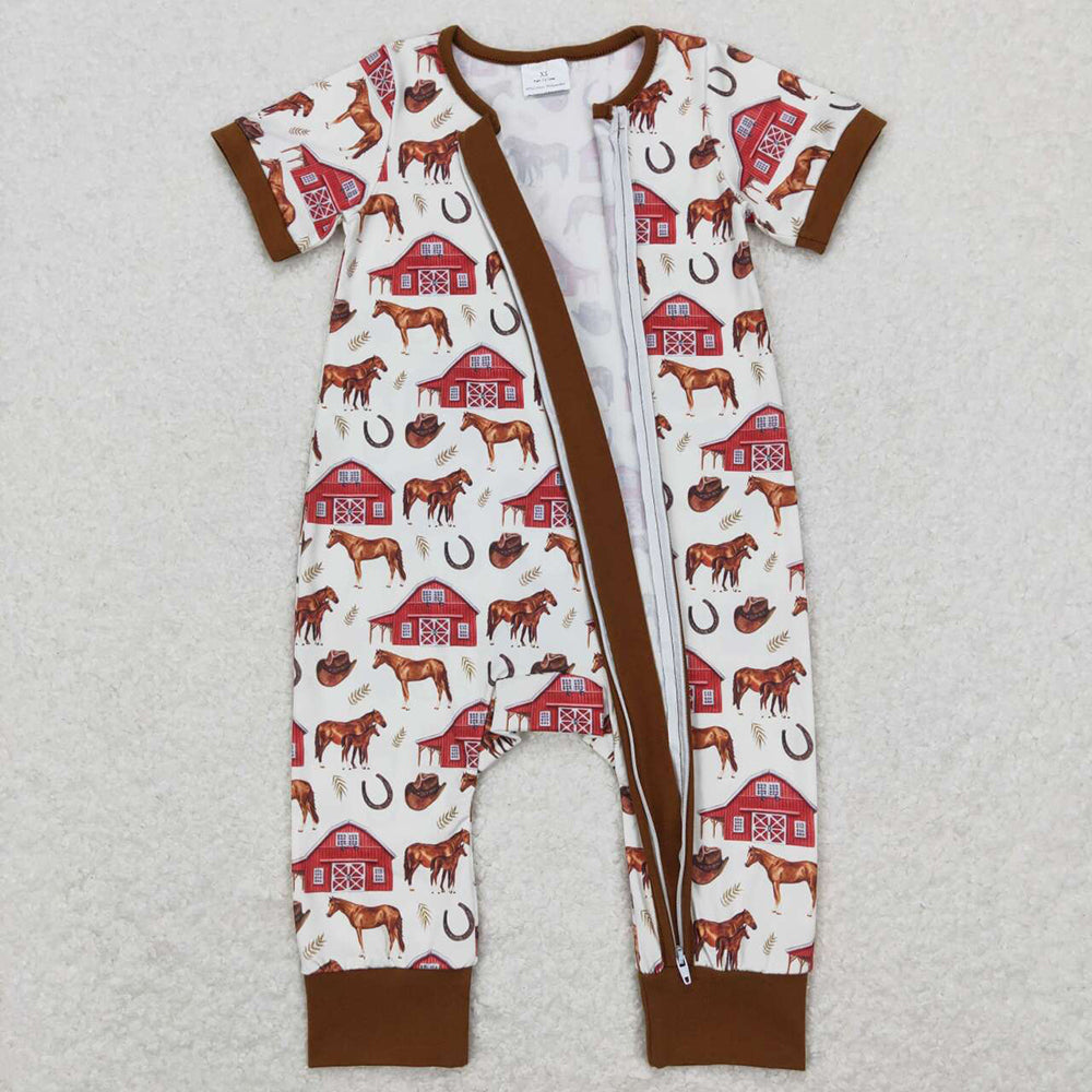 Baby Infant Boys Short Sleeve Farm Horse Zip Rompers