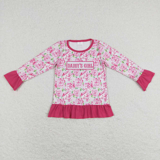 Baby Girls Pink Rose Flowers Daddy's Girl Long Sleeve Ruffle Shirts Tops