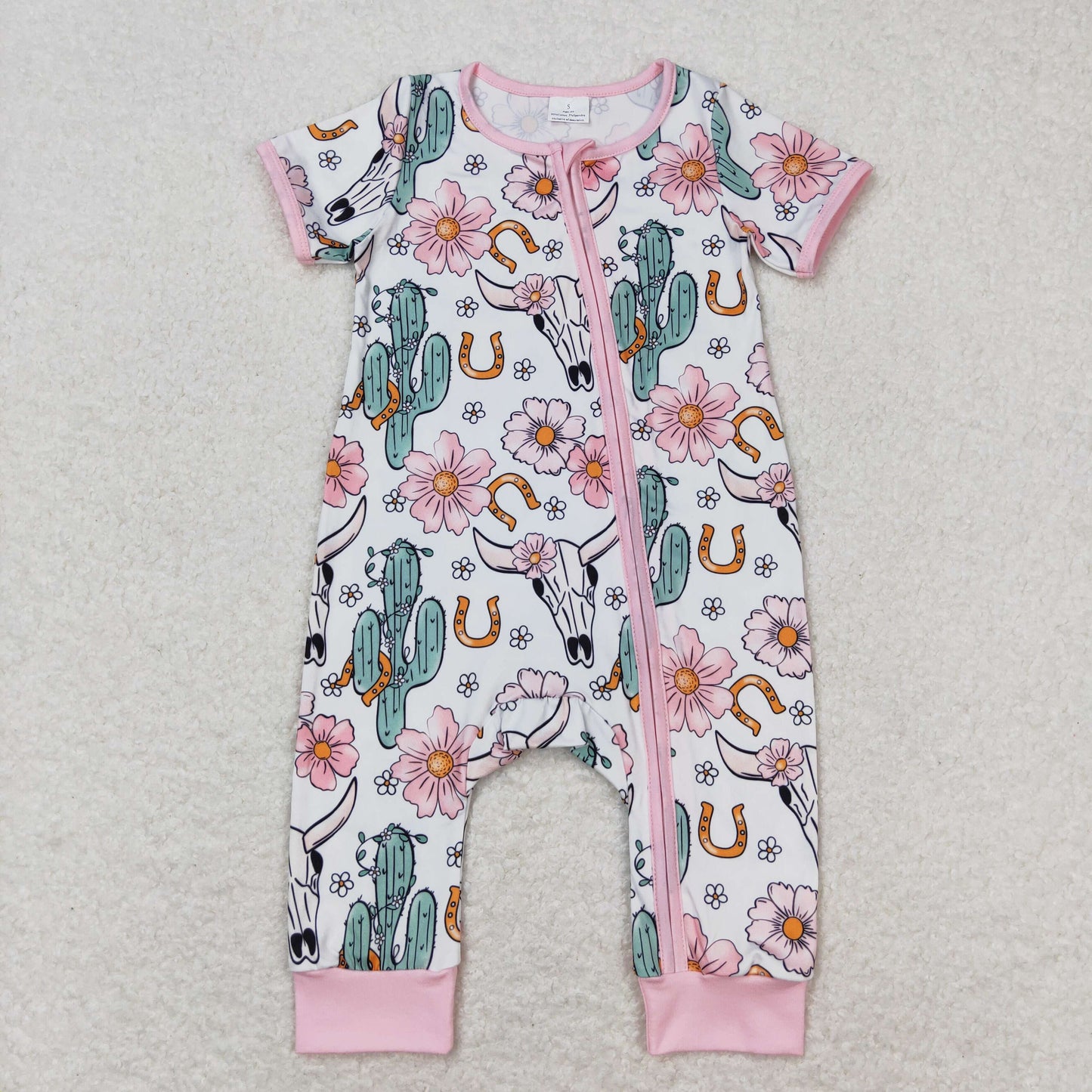 Baby Infant Girls Cow Western Cactus Flowers Zip Rompers