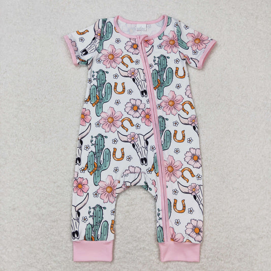 Baby Infant Girls Cow Western Cactus Flowers Zip Rompers