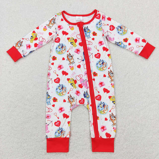 Baby Girls Valentines Red Dogs Long Sleeve Zip Rompers