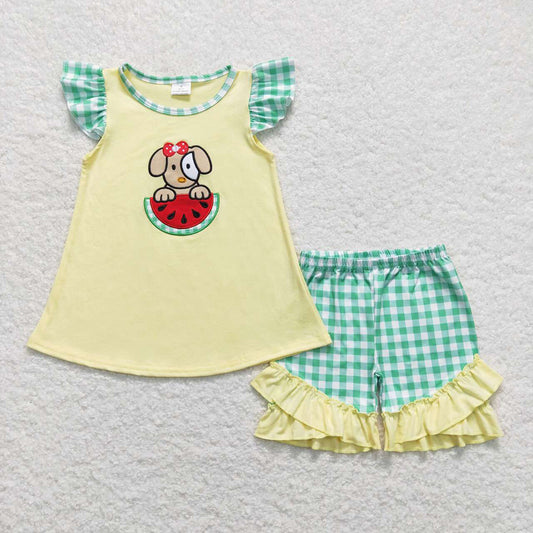 Baby Girls Dog Watermelon Flutter Sleeve Tunic Summer Shorts Clothes Sets