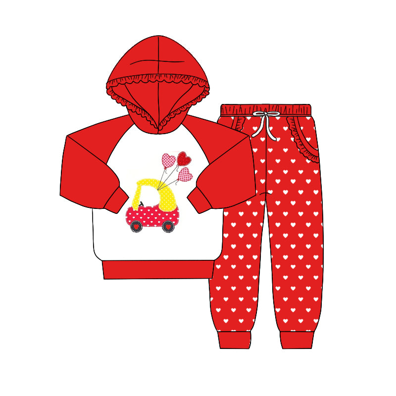 Baby Girls Long Sleeve Hooded Red Tractor Hearts Shirt Pants Clothing Sets Preorder(moq 5)