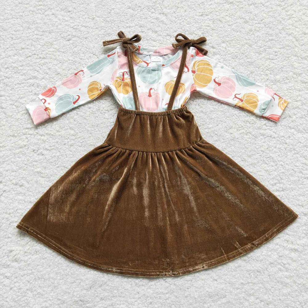 Baby Girls Pumpkin Shirt Velvet Straps Dresses Clothing Sets