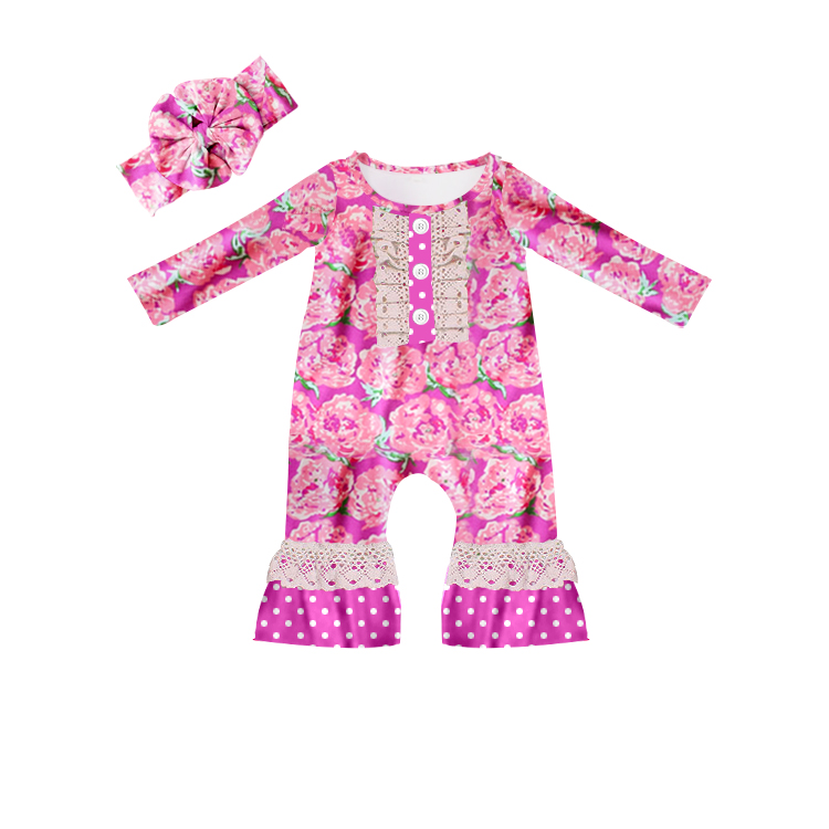 Baby Infant Girls Hotpink Flowers Long Sleeve Rompers preorder(moq 5)