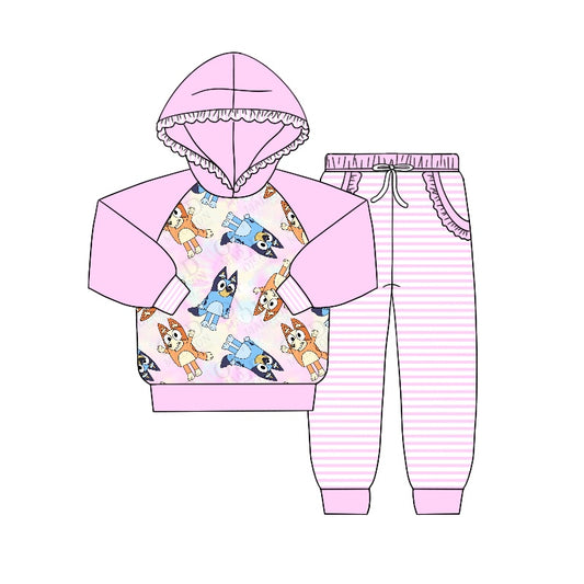 Baby Girls Long Sleeve Hooded Dog Shirt Light Pink Stripes Pants Clothing Sets Preorder(moq 5)