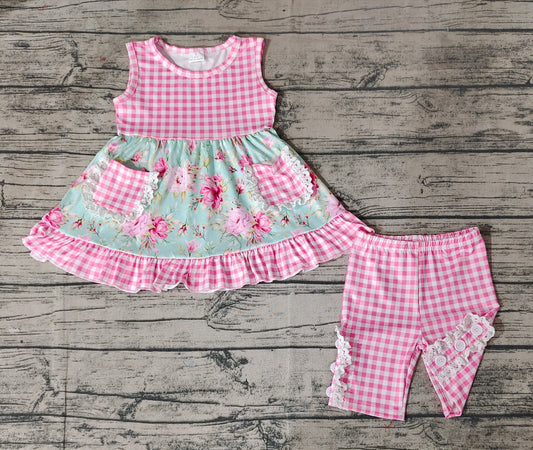 Baby Girls Blue Flowers Tunic Top Pink Checkered Shorts Clothes Sets