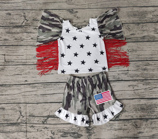 Baby Girls 4th Of July Camo Stars Tops Ruffle Shorts Clothes Sets